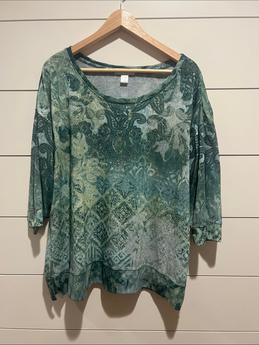 Women's Green Patterned 3/4 sleeve Boatneck Top